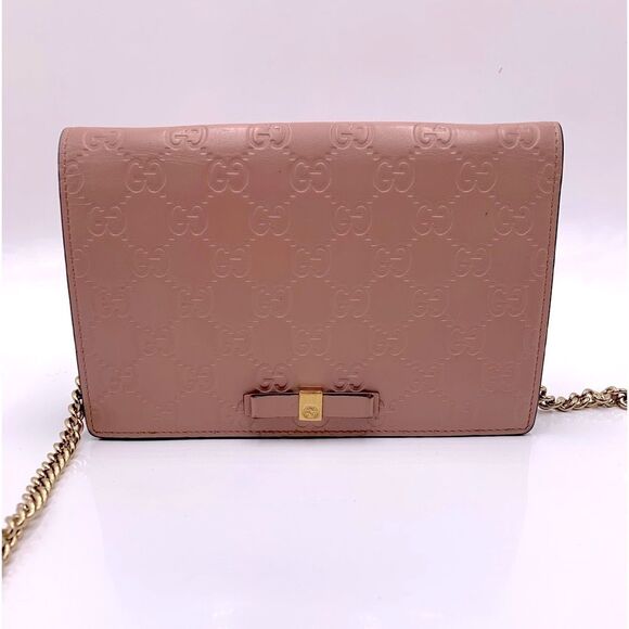 Auth Gucci Wallet On Chain Pink Beige Bow Guccisima Leather Gold Chain Strap Ex+ - Picture 5 of 16